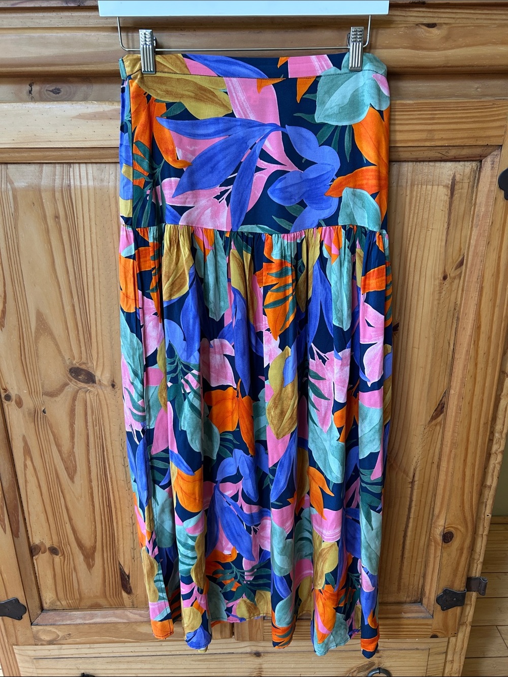 Abel the Label Leonard Tropical Floral Maxi Skirt Navy Tiered Flowy 100% Rayon